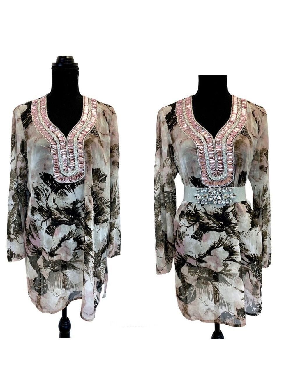 PREMISE brown pink sheer chiffon gem jewelled beach coverup blouse top Sz L 🔥